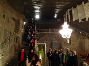 Descending into the St. Kinga's Chapel, dating from the 1600s, in the Wieliczka Salt Mine