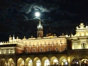 Nighttime full moon in Krakow's Old Town, October 18, 2013