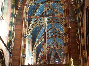 View of the ceiling of St. Mary's Basilica in Krakow's Old Town main market square