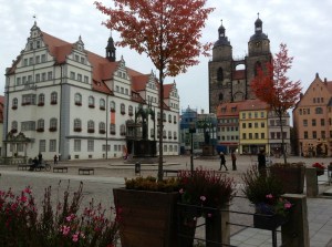 Wittenberg, Germany Square showing facade of the Town Church where Martin Luther preached and taught October 5, 2013
