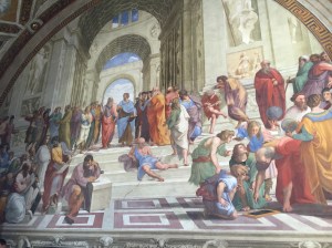 A portion of an entire room fresco by Raphael known as The School of Athens