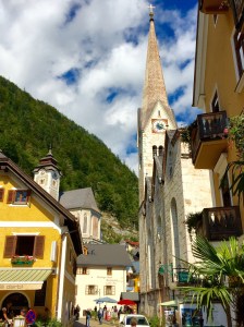 A Hallstatt, Austria, scene with the Catholic church on the left and the Lutheran church on the right