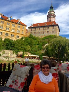Enjoying lunch outdoors at the base of Cesky Krumlov's 13th century castle with the Vltava River flowing beside us