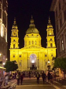 Evening exterior of St. Stephen's Basilica in Budapest