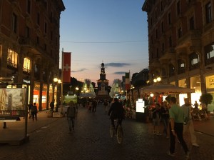 Evening scene in Milan viewing the Sforza Castle from our outdoor restaurant