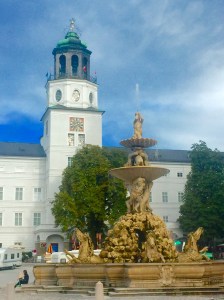 Salzburg's New Residence and carillon look upon the magnificent fountain on Residence Square