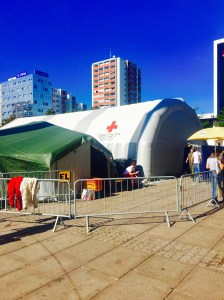 The refugee assistance tent set up just outside Salzburg's train station