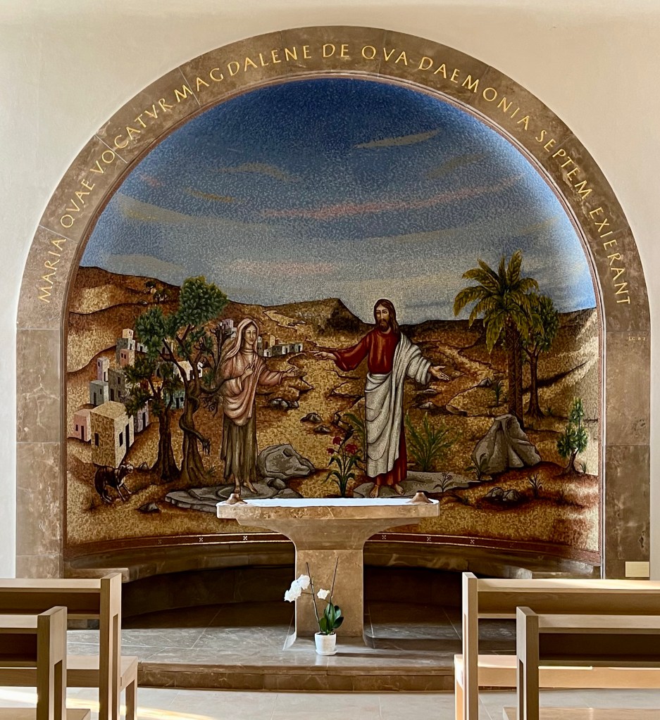 Altar scene in the church at Magdala depicting the resurrected Jesus appearing to Mary Magdalene whose home was in Magdala
